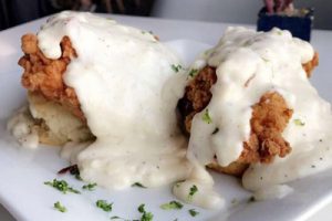 Bru's Wiffle– Biscuits and Gravy Two Piece Fried Chicken served with house-made gravy.